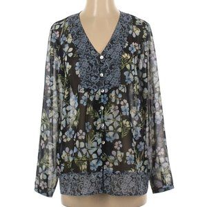 J. JILL Floral Lace Print Button Front Blouse Sheer Long Sleeve Navy Blue Small